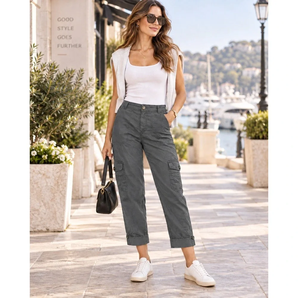Banana Republic Martin Fit Cargo Pants Womens Gray Linen Cotton Cropped Utility